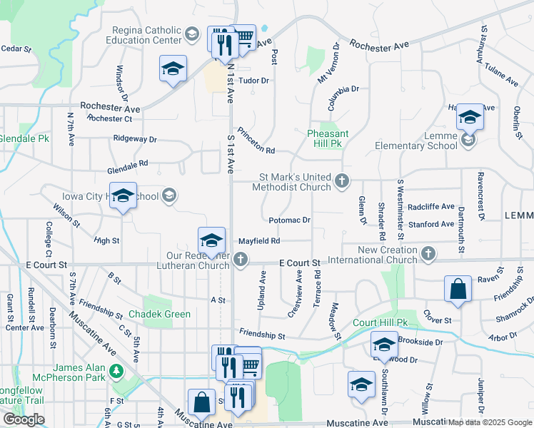 map of restaurants, bars, coffee shops, grocery stores, and more near 120 Potomac Drive in Iowa City