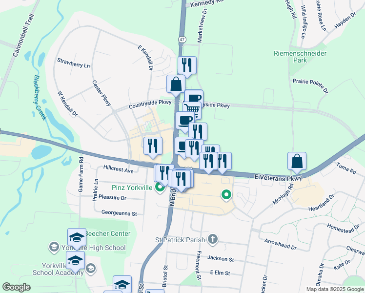 map of restaurants, bars, coffee shops, grocery stores, and more near 1508 North Bridge Street in Yorkville