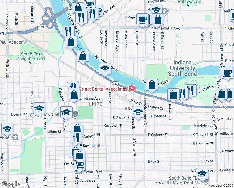 map of restaurants, bars, coffee shops, grocery stores, and more near Prinz Court in South Bend
