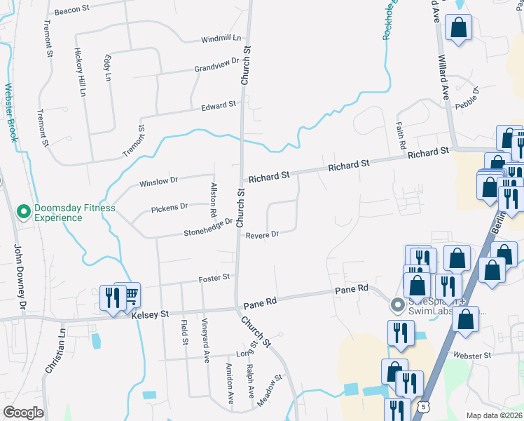 map of restaurants, bars, coffee shops, grocery stores, and more near 29 Puritan Lane in Newington