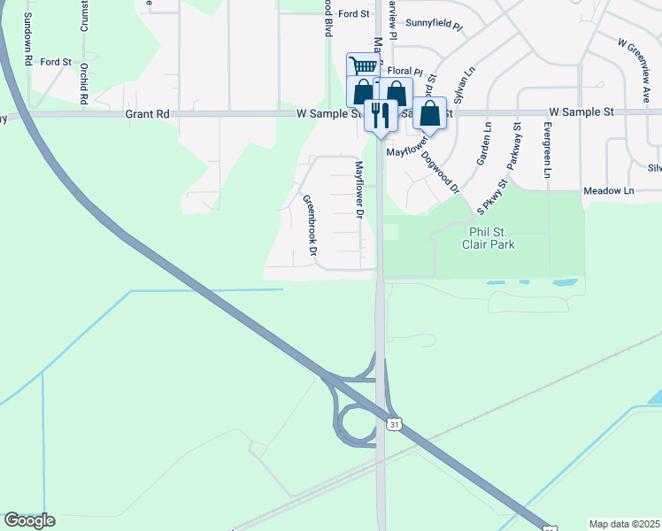 map of restaurants, bars, coffee shops, grocery stores, and more near 1001 South Mayflower Road in South Bend