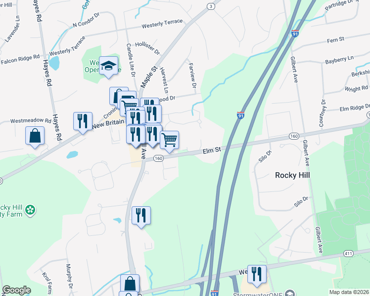 map of restaurants, bars, coffee shops, grocery stores, and more near 1017 Elm Street in Rocky Hill