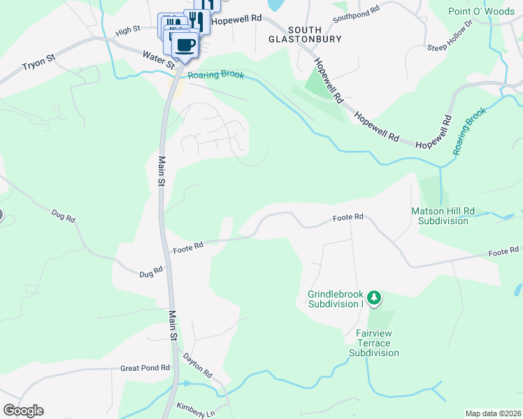 map of restaurants, bars, coffee shops, grocery stores, and more near 164 Foote Road in Glastonbury
