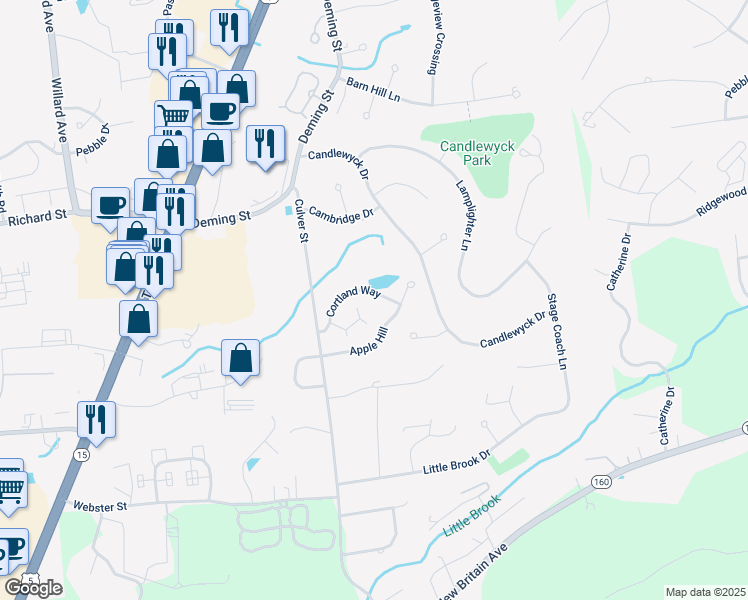 map of restaurants, bars, coffee shops, grocery stores, and more near 69 Cortland Way in Newington