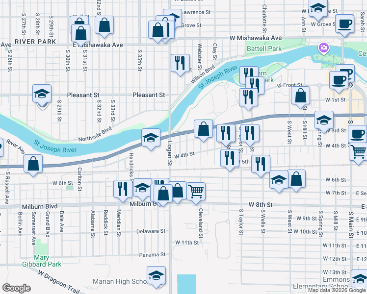 map of restaurants, bars, coffee shops, grocery stores, and more near 1213 Lincolnway West in Mishawaka