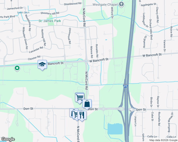 map of restaurants, bars, coffee shops, grocery stores, and more near 6635 West Bancroft Street in Toledo