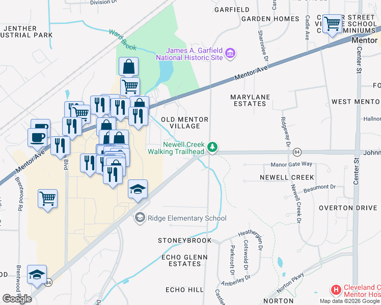 map of restaurants, bars, coffee shops, grocery stores, and more near 8021 Johnnycake Ridge Road in Mentor