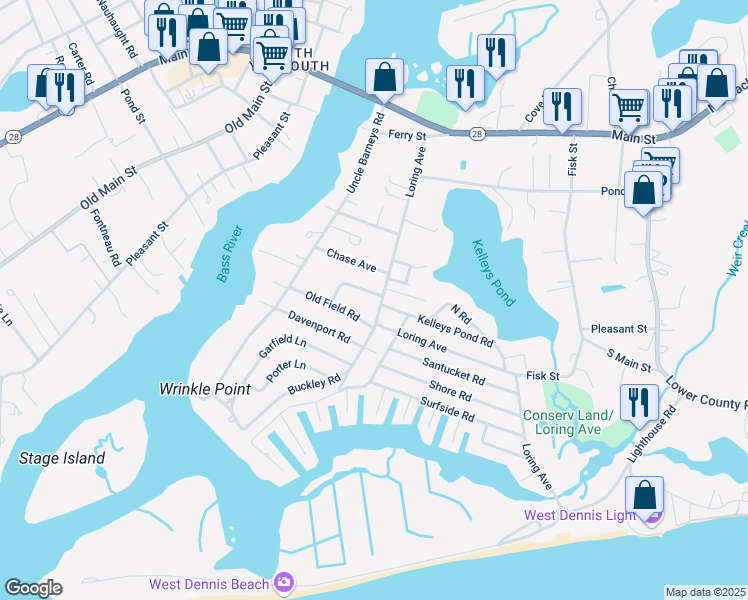 map of restaurants, bars, coffee shops, grocery stores, and more near 4 Uncle Franks Road in Dennis