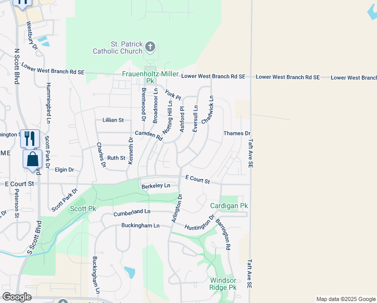 map of restaurants, bars, coffee shops, grocery stores, and more near 25 Eversull Lane in Iowa City
