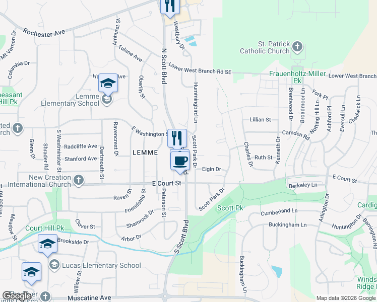 map of restaurants, bars, coffee shops, grocery stores, and more near 931 Scott Park Drive in Iowa City