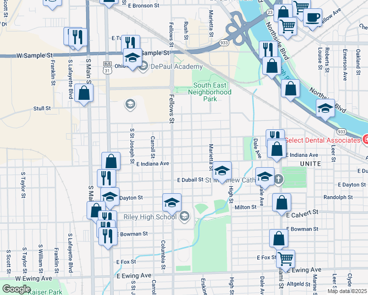 map of restaurants, bars, coffee shops, grocery stores, and more near 1508 Hermosa Place in South Bend