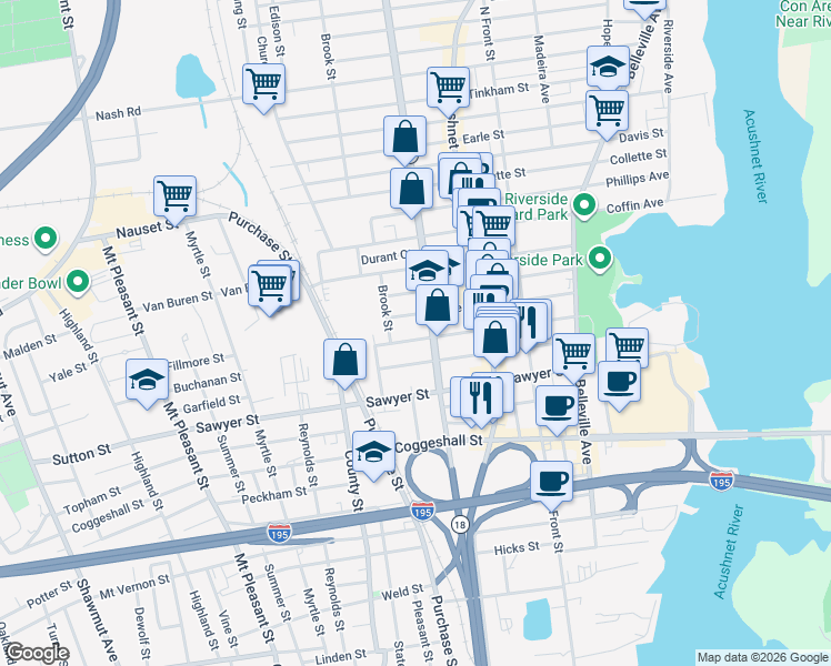 map of restaurants, bars, coffee shops, grocery stores, and more near 136 Nye Street in New Bedford