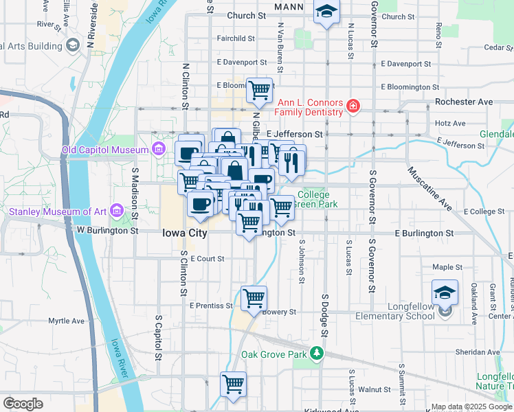 map of restaurants, bars, coffee shops, grocery stores, and more near in Iowa City