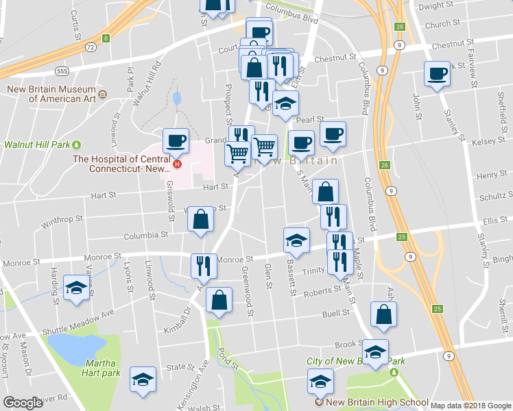 map of restaurants, bars, coffee shops, grocery stores, and more near 213 Glen Street in New Britain