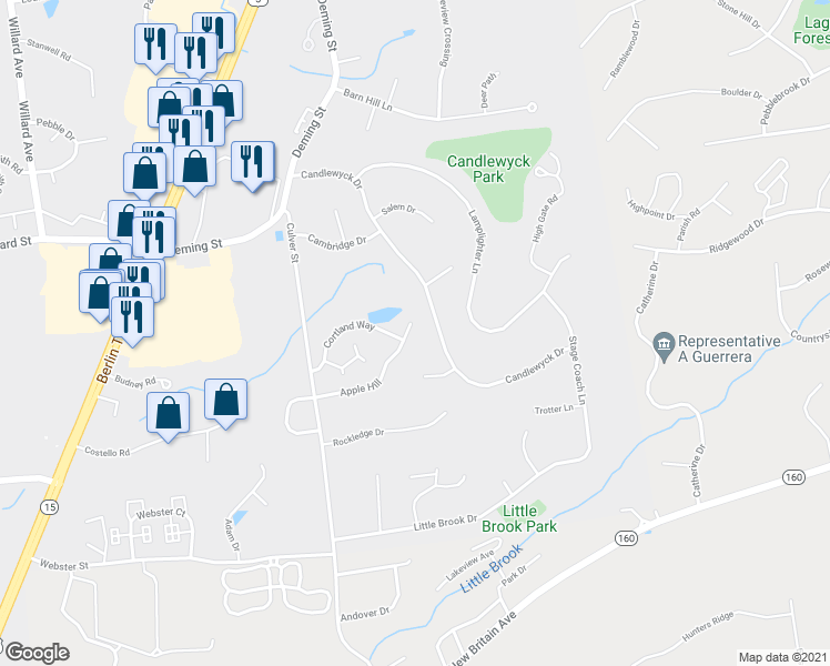 map of restaurants, bars, coffee shops, grocery stores, and more near 107 Apple Hill in Newington