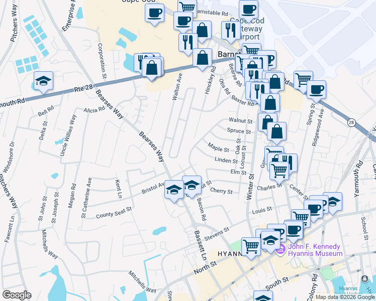 map of restaurants, bars, coffee shops, grocery stores, and more near 168 Walnut Street in Barnstable