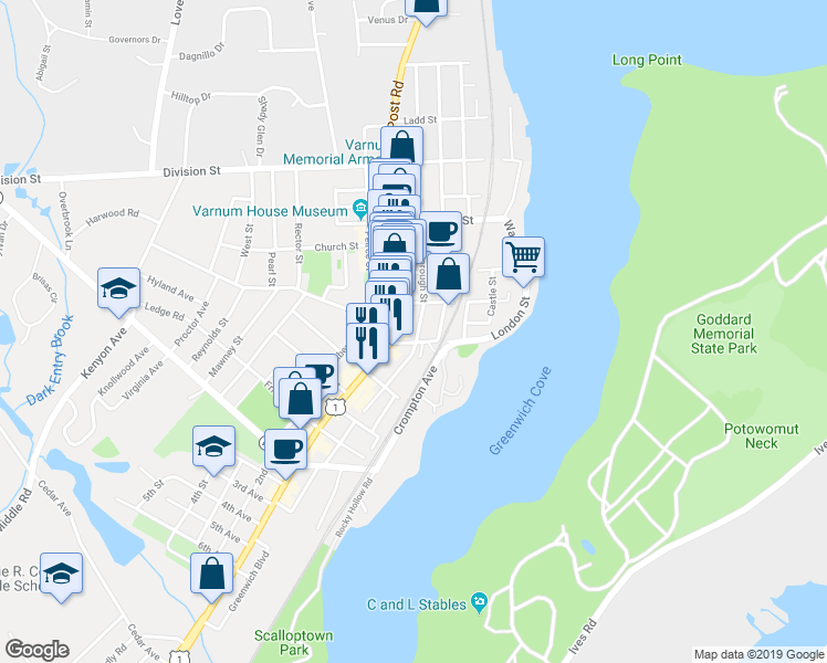 map of restaurants, bars, coffee shops, grocery stores, and more near 157 Marlborough Street in East Greenwich
