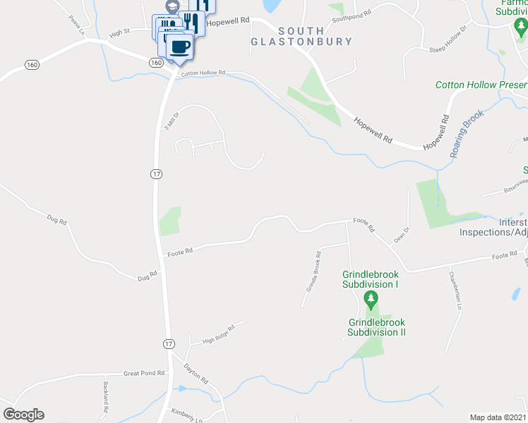 map of restaurants, bars, coffee shops, grocery stores, and more near 164 Foote Road in Glastonbury