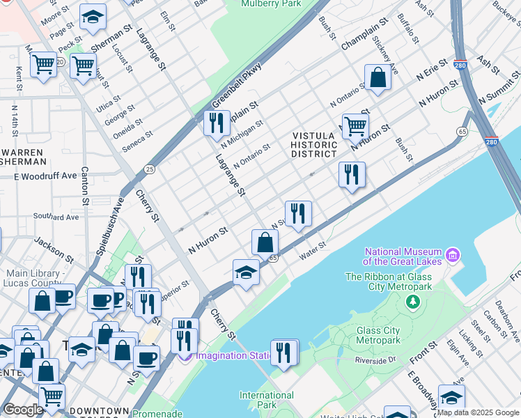 map of restaurants, bars, coffee shops, grocery stores, and more near 1006 North Huron Street in Toledo