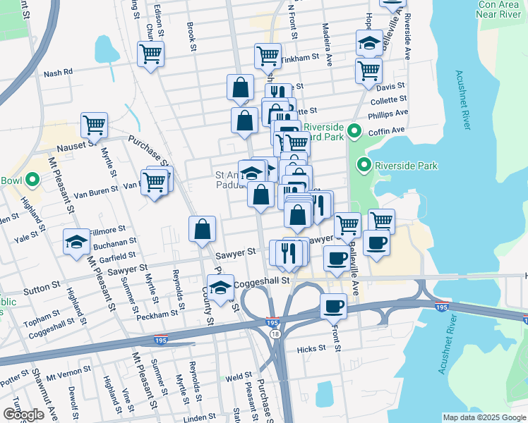 map of restaurants, bars, coffee shops, grocery stores, and more near 92 Nye Street in New Bedford