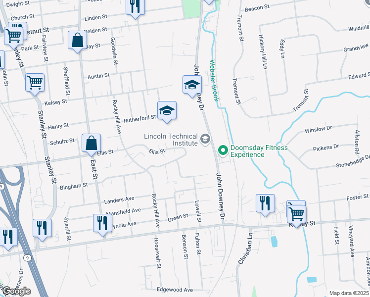 map of restaurants, bars, coffee shops, grocery stores, and more near 30 Precision Court in New Britain