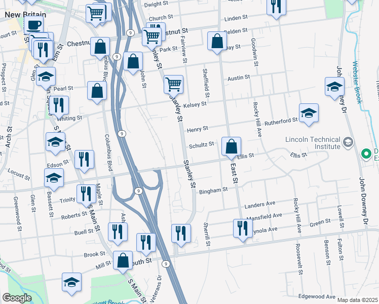map of restaurants, bars, coffee shops, grocery stores, and more near 415 Stanley Street in New Britain