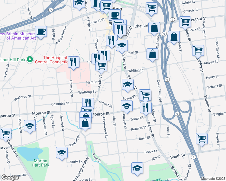 map of restaurants, bars, coffee shops, grocery stores, and more near 200 Glen Street in New Britain