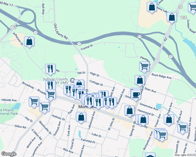 map of restaurants, bars, coffee shops, grocery stores, and more near 44 Cottage Street in Monticello