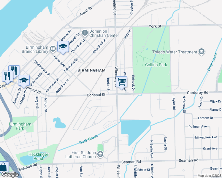 map of restaurants, bars, coffee shops, grocery stores, and more near 432 Barker Street in Toledo