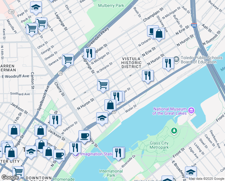 map of restaurants, bars, coffee shops, grocery stores, and more near 529 Elm Street in Toledo