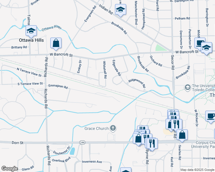 map of restaurants, bars, coffee shops, grocery stores, and more near 2057 Whitehall Road in Toledo