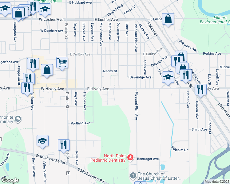 map of restaurants, bars, coffee shops, grocery stores, and more near 2612 Decamp Avenue in Elkhart
