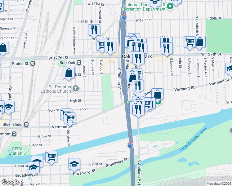 map of restaurants, bars, coffee shops, grocery stores, and more near 12846 South Paulina Street in Calumet Park