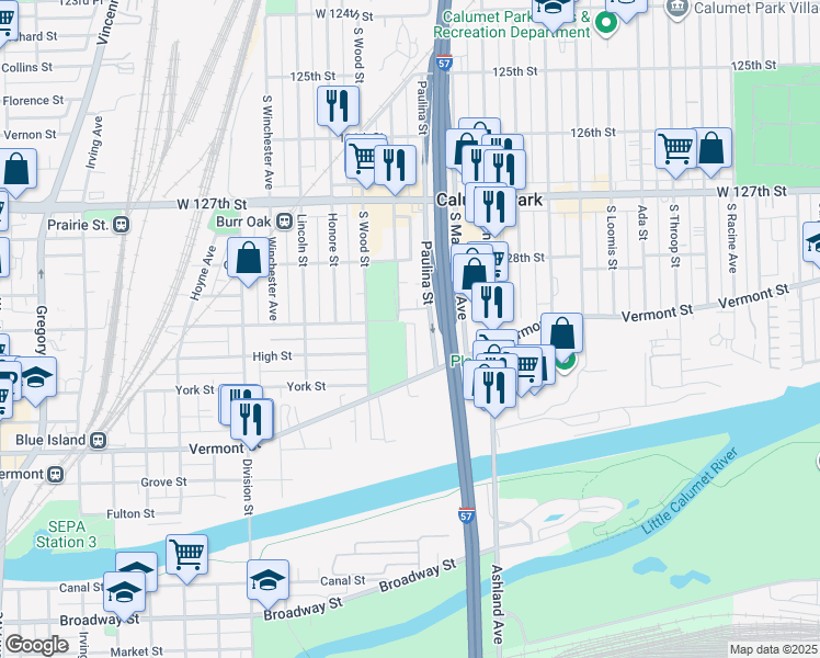 map of restaurants, bars, coffee shops, grocery stores, and more near 13000 South Page Street in Blue Island