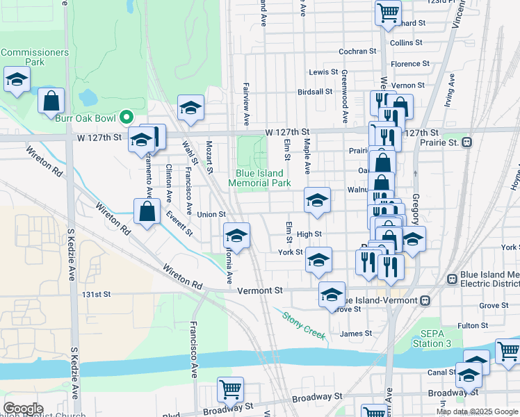 map of restaurants, bars, coffee shops, grocery stores, and more near 2729 Walnut Street in Blue Island