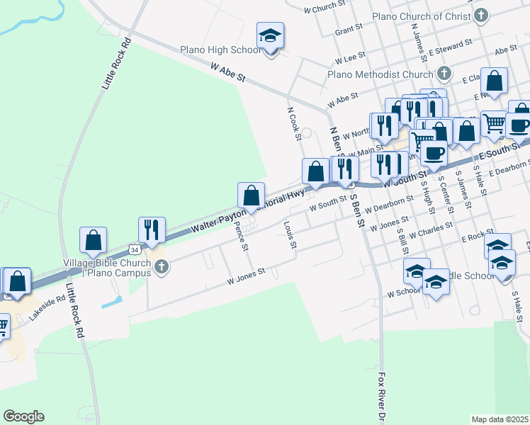 map of restaurants, bars, coffee shops, grocery stores, and more near 901 Walter Payton Memorial Highway in Plano