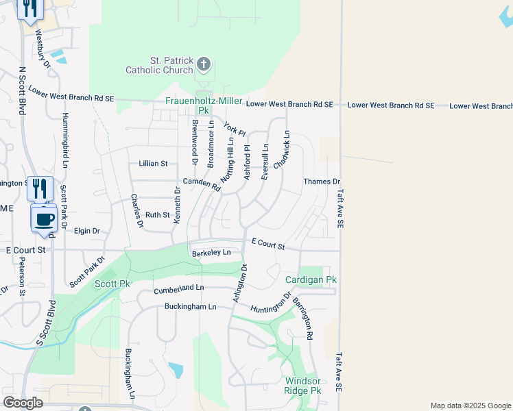 map of restaurants, bars, coffee shops, grocery stores, and more near 25 Eversull Lane in Iowa City