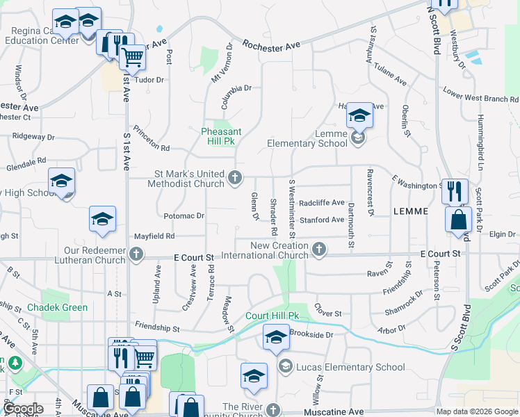 map of restaurants, bars, coffee shops, grocery stores, and more near 134 Glenn Drive in Iowa City