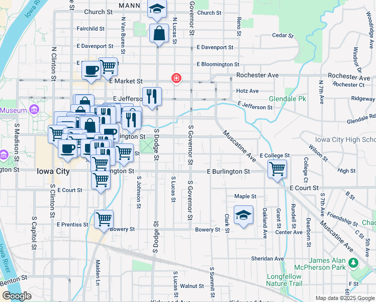 map of restaurants, bars, coffee shops, grocery stores, and more near 112 South Governor Street in Iowa City