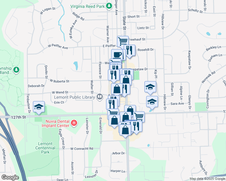 map of restaurants, bars, coffee shops, grocery stores, and more near 1140 State Street in Lemont