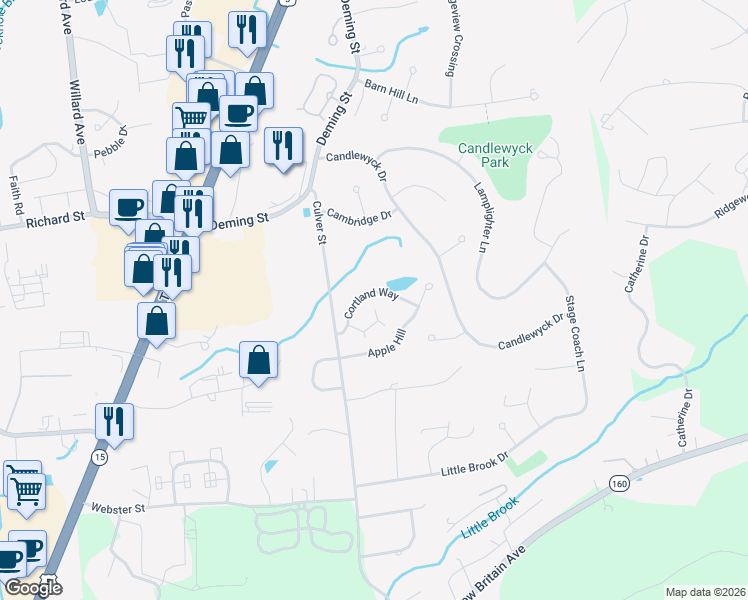 map of restaurants, bars, coffee shops, grocery stores, and more near 59 Cortland Way in Newington