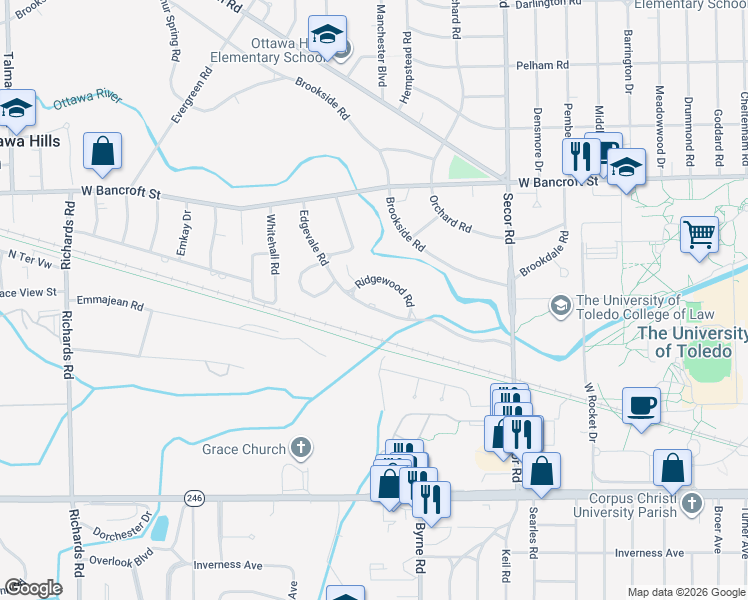 map of restaurants, bars, coffee shops, grocery stores, and more near 3569 Ridgewood Road in Toledo
