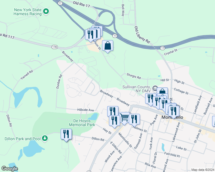 map of restaurants, bars, coffee shops, grocery stores, and more near 14-17 Kinch Road in Monticello