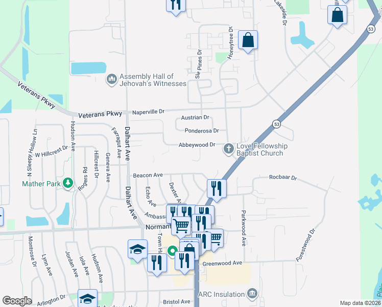 map of restaurants, bars, coffee shops, grocery stores, and more near 39 Abbeywood Drive in Romeoville