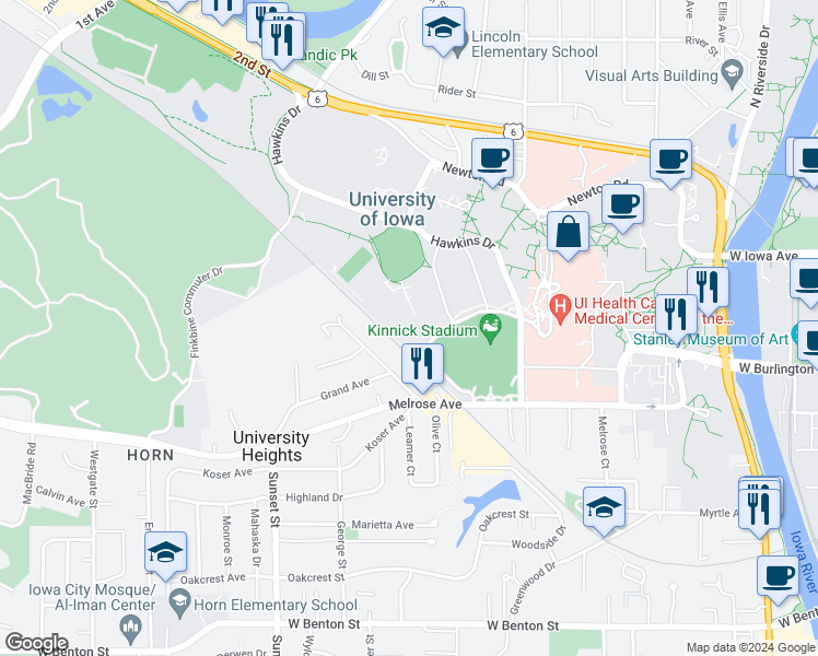 map of restaurants, bars, coffee shops, grocery stores, and more near 992 Evashevski Drive in Iowa City