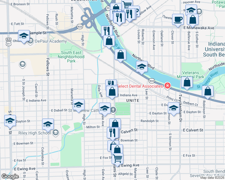 map of restaurants, bars, coffee shops, grocery stores, and more near 1421 Miami Street in South Bend