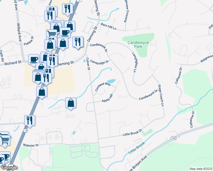 map of restaurants, bars, coffee shops, grocery stores, and more near 69 Cortland Way in Newington