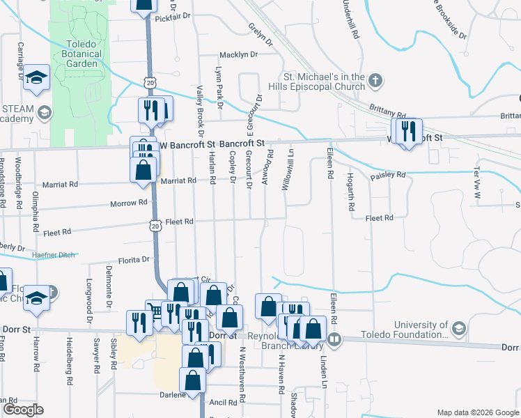 map of restaurants, bars, coffee shops, grocery stores, and more near 1923 Atwood Road in Toledo