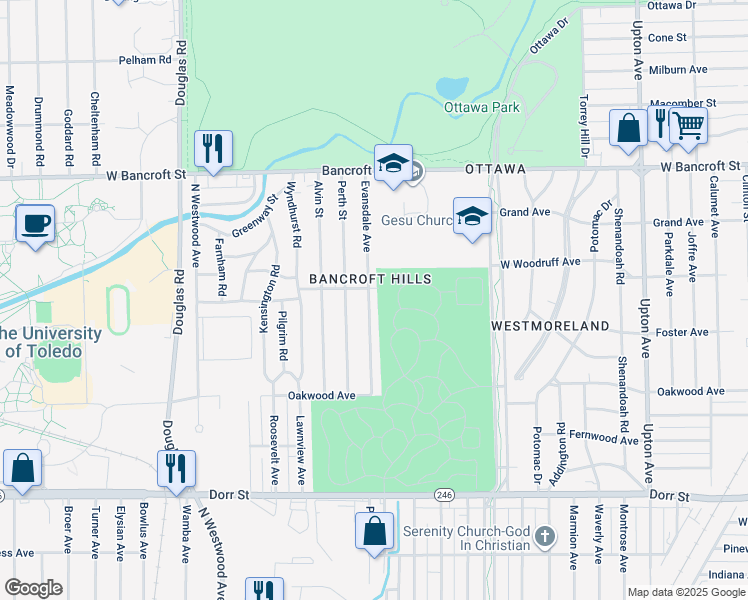 map of restaurants, bars, coffee shops, grocery stores, and more near 1928 Evansdale Avenue in Toledo