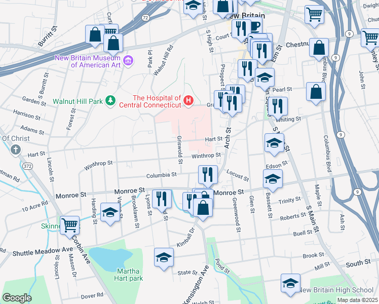 map of restaurants, bars, coffee shops, grocery stores, and more near 77 Winthrop Street in New Britain